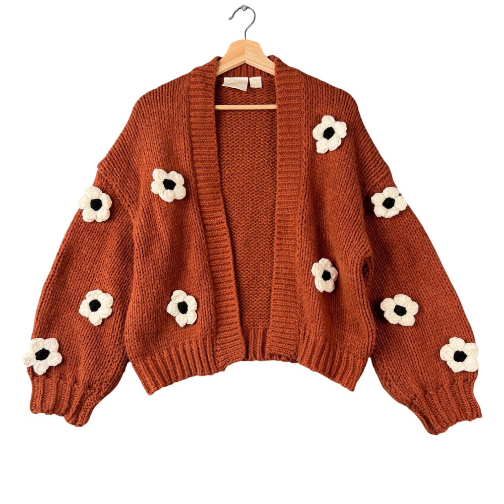 Maeve by Anthropologie 3D Floral Chunky Knit Cardigan Rust Orange One Size